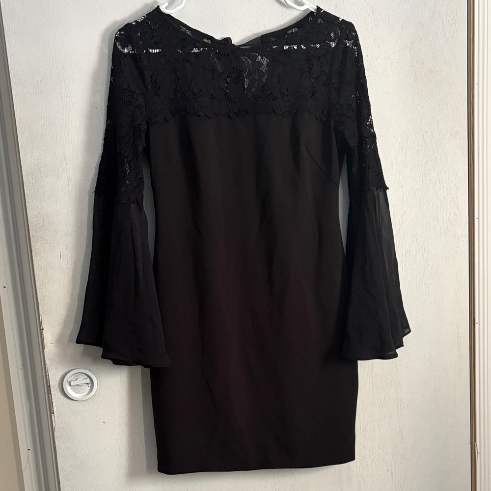 Eliza J Black Lace Yoke Bell Sleeve Shift Dress